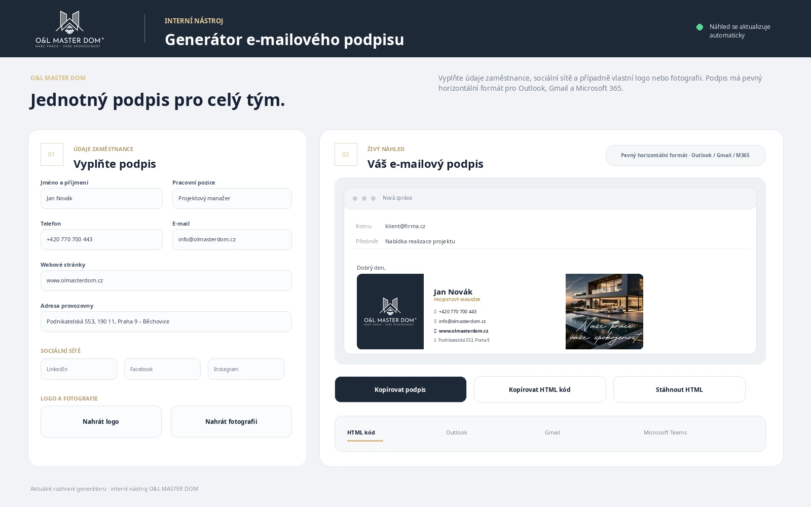Statický náhled generátoru e-mailového podpisu O&L MasterDom
